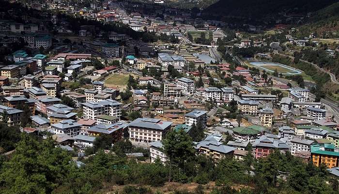 Aerial view of Thimphu, a picturesque town near Simtokha Dzong Bhutan.