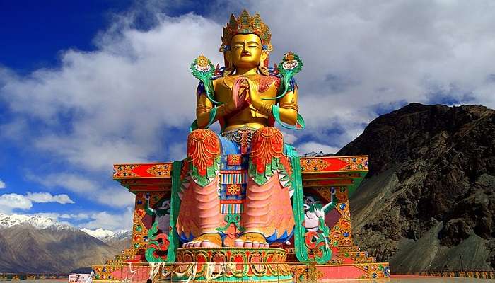 A giant idol of Maitreya Buddha is placed