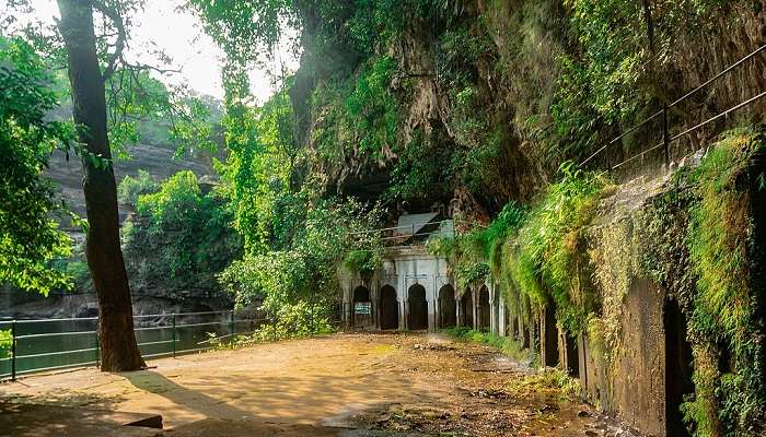 A picture of lush green surroundings and ancient caves near Pandav Falls
