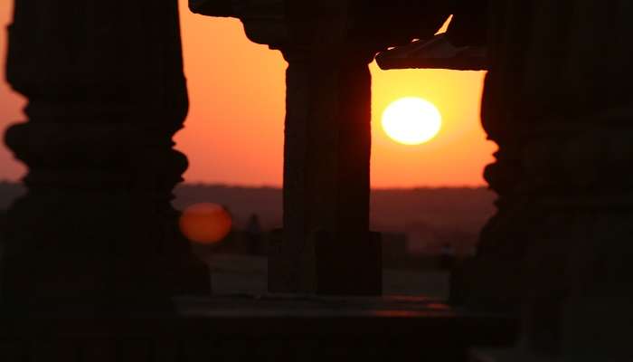 Cenotaph at Vyas Chhatri overlooking The Jaisalmer Fort at Jaisalmer, Rajasthan, India.