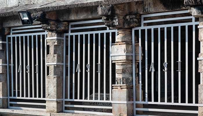 Metal grilles were put up by ASI (Archaeological Survey of India) to protect antique sculptures at the ancient Chennakeshava temple.