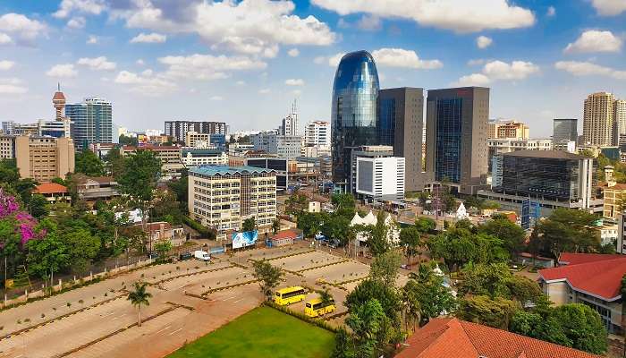 The view of the downtown skyline in Maasai market Nairobi.