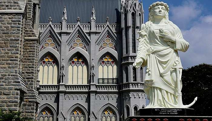 Close up view of majestic St. Philomena’s Cathedral