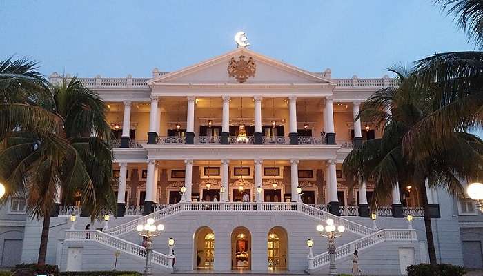 The Taj Falaknuma Palace is well lit at night