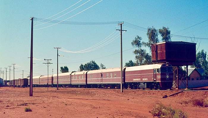 The Ghan (narrow-gauge) train ready to depart Alice Springs.