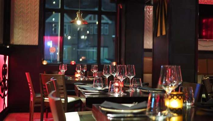 A night view with wine glasses on the table