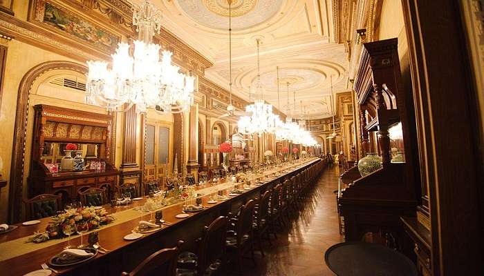 The dining room at Taj Falaknuma Palace