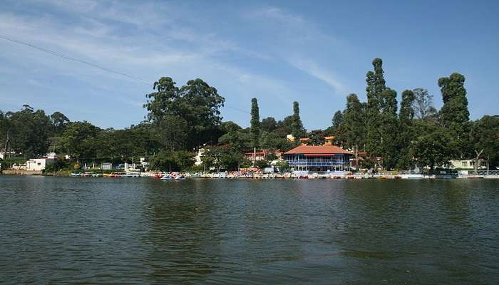 Tourists enjoying a paddle boat ride on Emerald Lake Yercaud