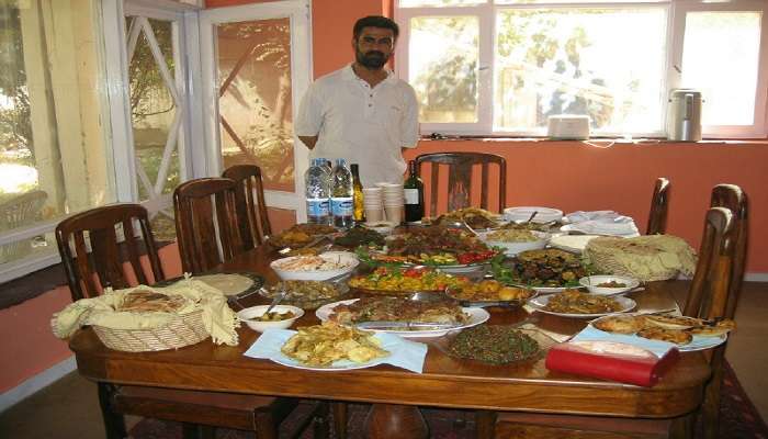 Food counters at Shilparamam serving traditional Indian snacks and meals