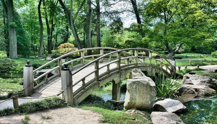 A beautiful garden offer a peaceful retreat with various native plants, walking trails, and a lovely picnic area