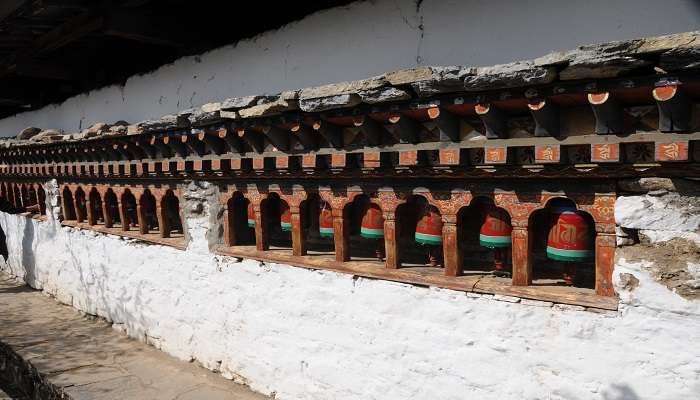 Prayer wheels of Kyichu Lhakhang in Paro Valley Bhutan.