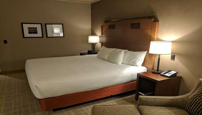 A well-decorated room in a hotel 