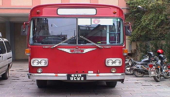 Local Red bus transport in Kathmandu, Nepal.