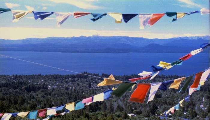 Prayer flags at buddhist monastery during Saga Dawa festival in Sikkim.