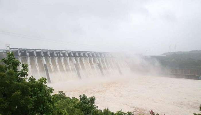 View of the Sardar Sarovar Dam from Statue of Unity. 