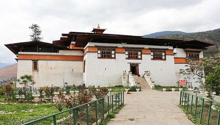 Red and gold roofs of Simtokha Dzong, located near Tashichho Dzong.