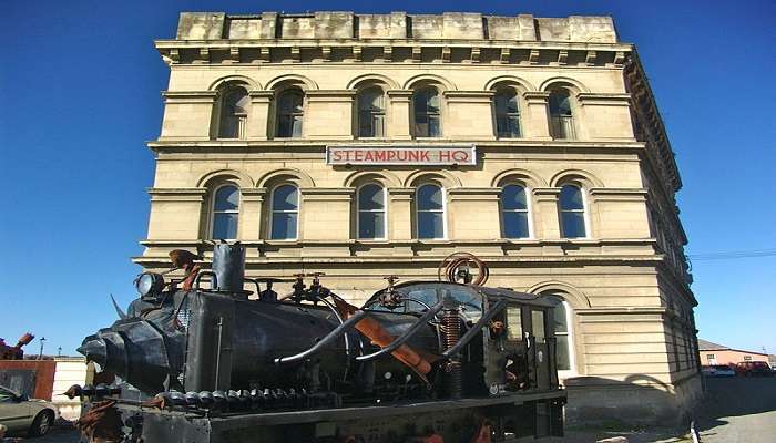 Steampunk HQ entrance with quirky sculptures, things to do in Omaru Oamaru