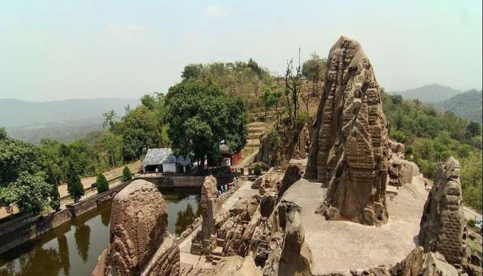 Close-up view of the intricate carvings on the Rock Cut Temple.