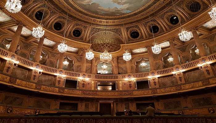 The grand interior of the Opera House at the Palace of Versailles.