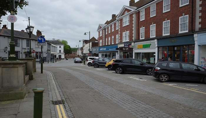 View of Carfax, Horsham, West Sussex, on a cloudy day.