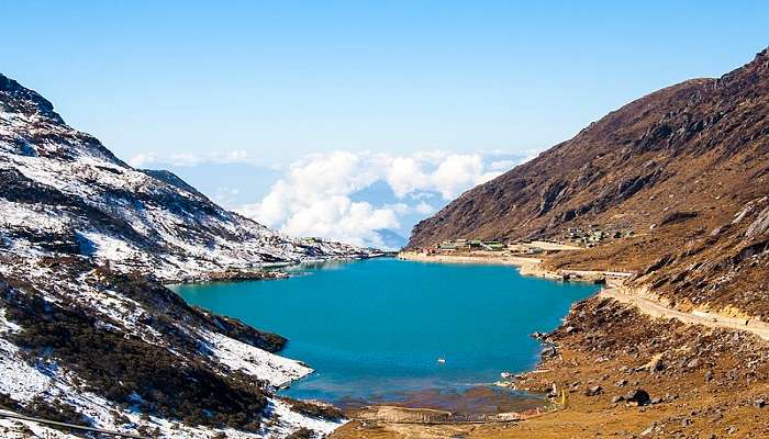 Pristine Tsomgo lake near Bakthang Waterfall Gangtok.