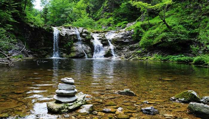 Zanzari Waterfall Gujarat surrounded by lush greenery.