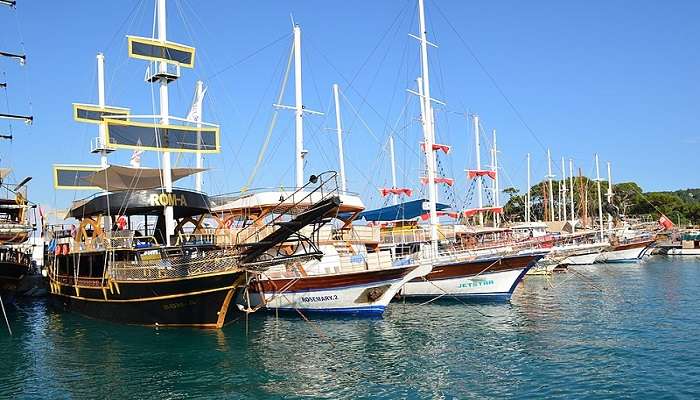 Boats stationed at the harbour.