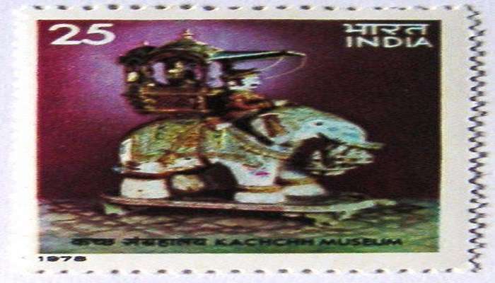 Stamp of India with Airavat elephant at Kutch Museum.