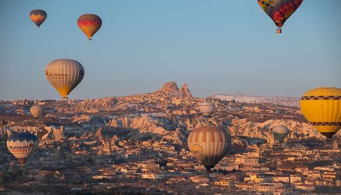 Hot Air Balloons floating over Nevşehir castle 