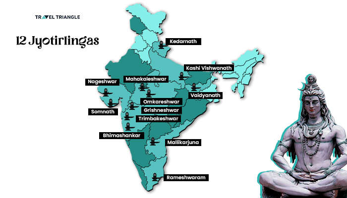 Map with name and places of 12 Jyotirlingas in India.
