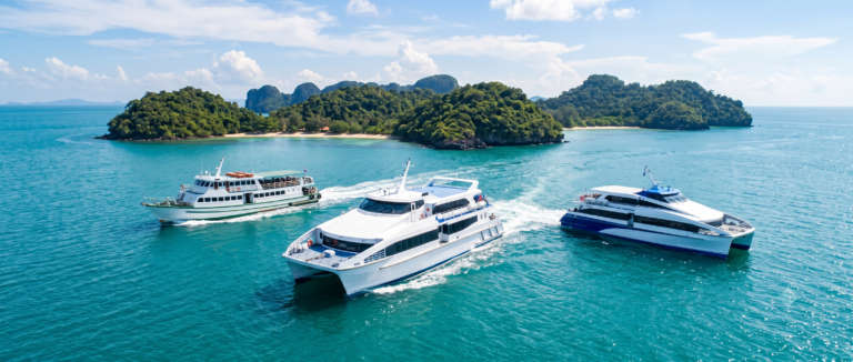 A comparative infographic chart comparing Makruzz, Nautika, and Green Ocean ferry services in the Andaman Islands, detailing specs, amenities, and user ratings.