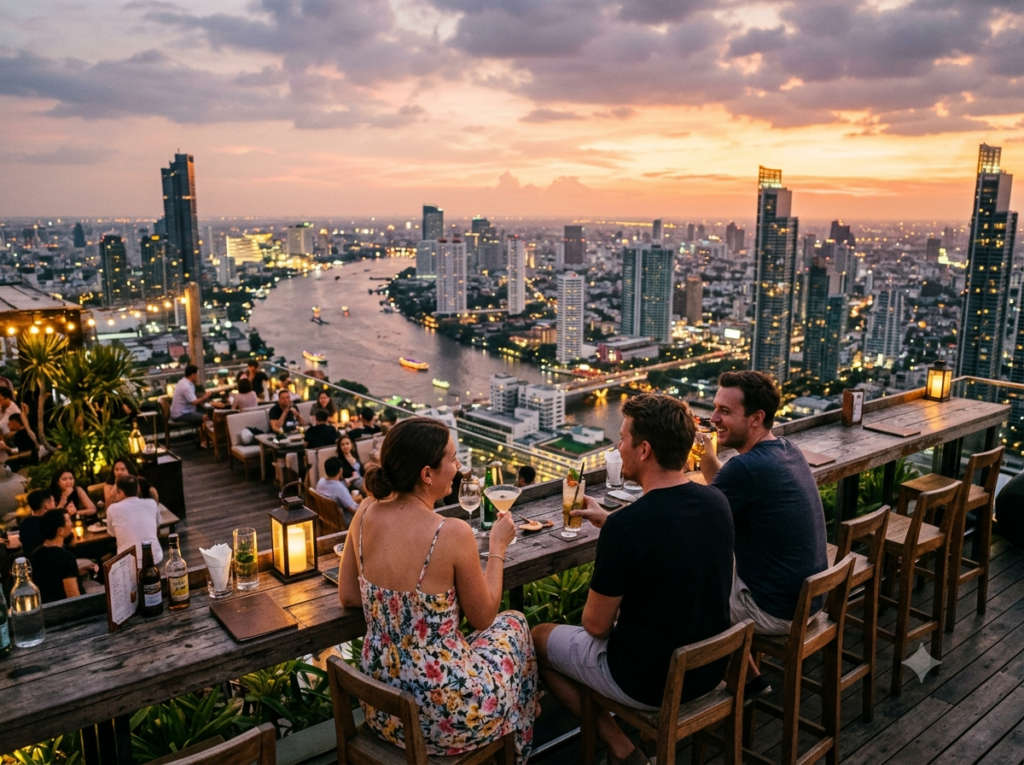 Bangkok rooftop bar at sunset.