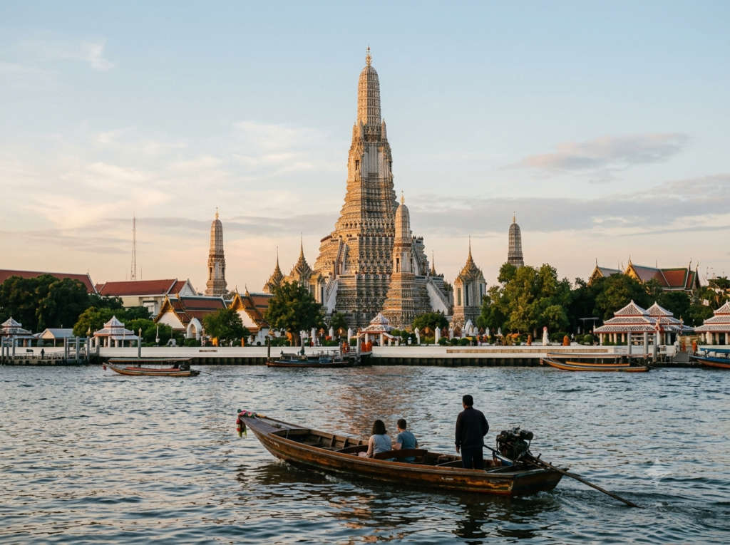 Bangkok temple in soft early-morning light.