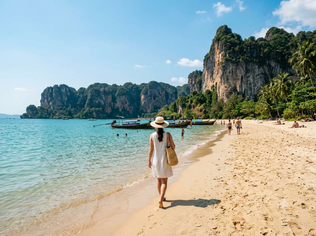 Hot-season Thai beach under clear April skies.