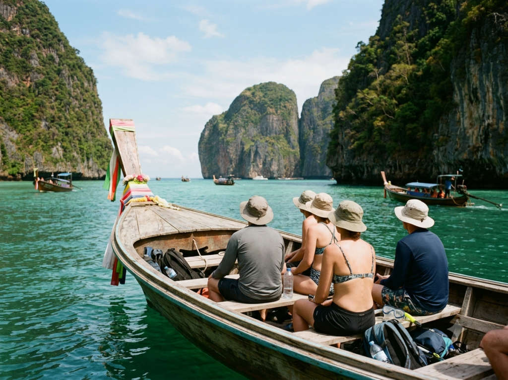 Island-hopping by longtail boat in April.