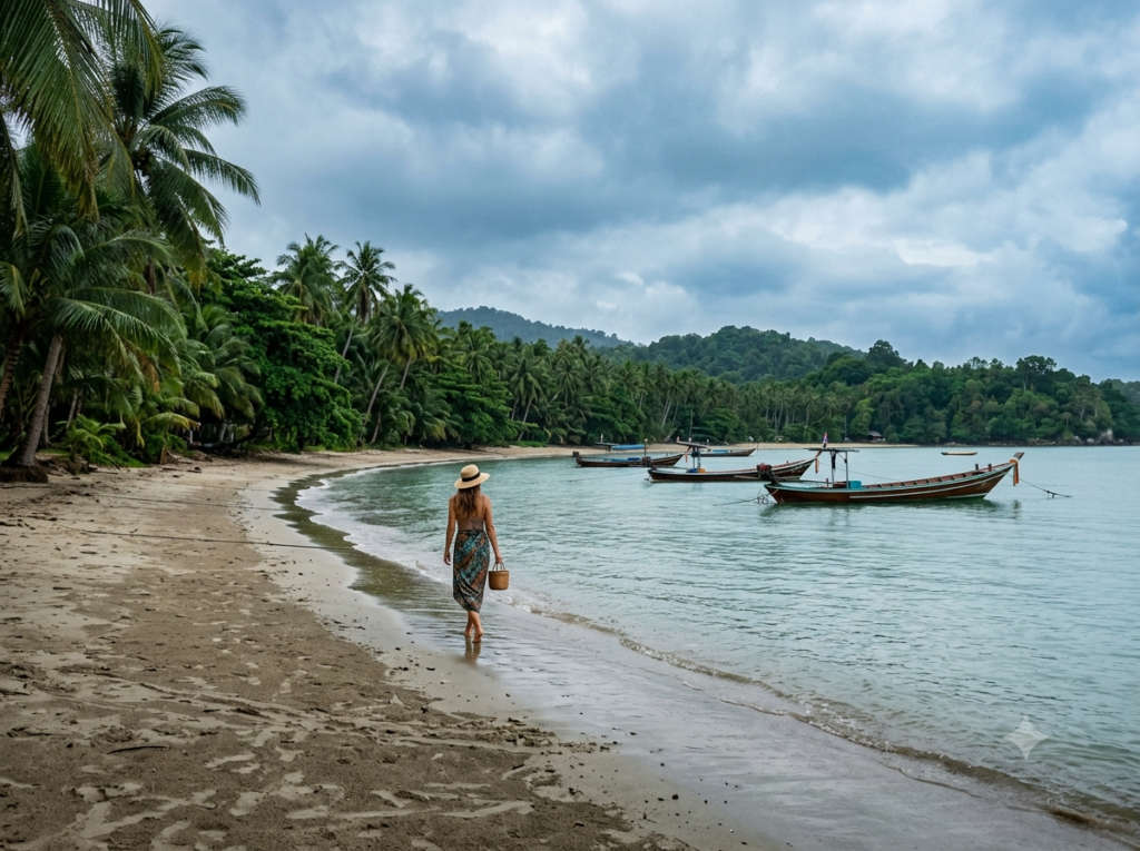 Calm Gulf-coast beach on Koh Samui in the rainy season,