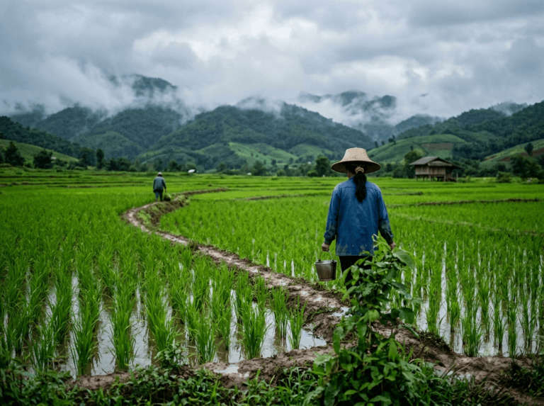Lush green rice fields after the rain in the north, Thailand