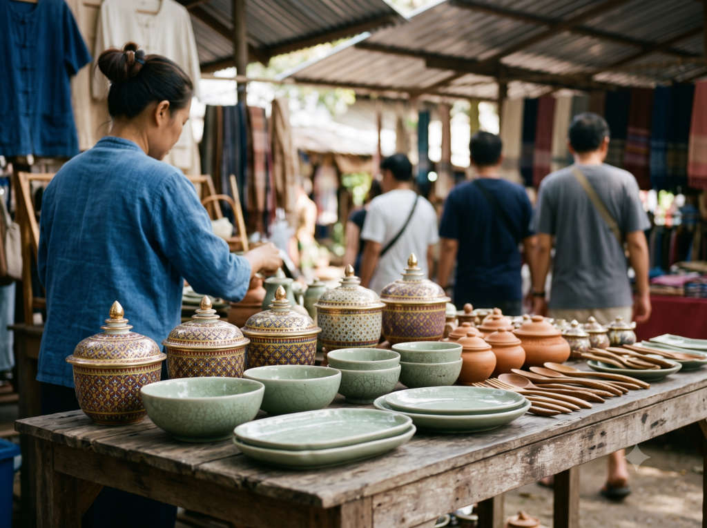 Handmade Thai ceramics and handicrafts on display, , Thailand
