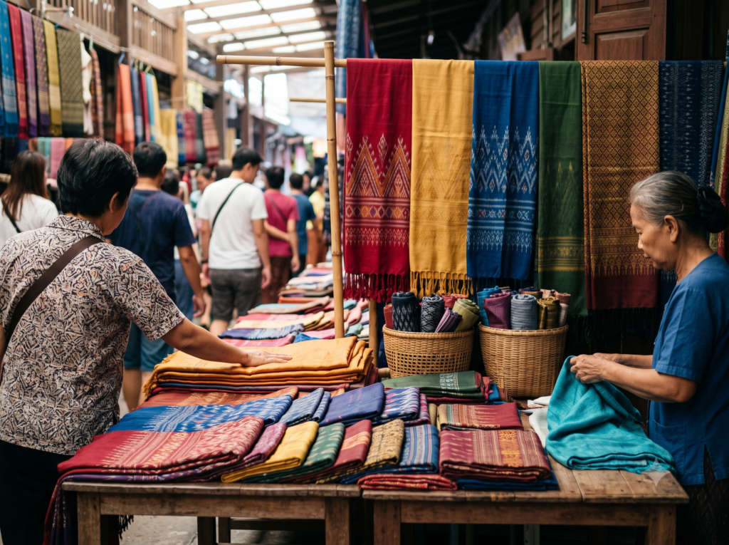 Thai silk scarves and textiles on a market stall, , Thailand