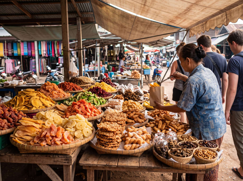 Thai street-food snacks and dried fruit at a market, , Thailand