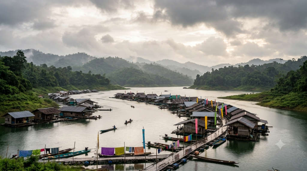 Khao Laem Lake under a dynamic monsoon sky