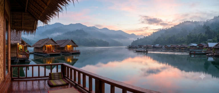 Thai wooden houseboat's open-air balcony