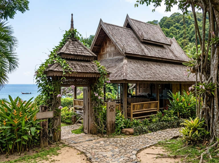 Aerial view of Lanta Animal Welfare, Koh Lanta, Thailand, at golden hour