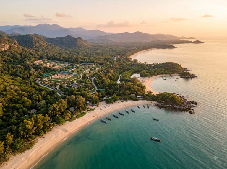 Aerial view of Wildlife Friends Foundation Thailand (WFFT), Petchaburi, Thailand, at golden hour