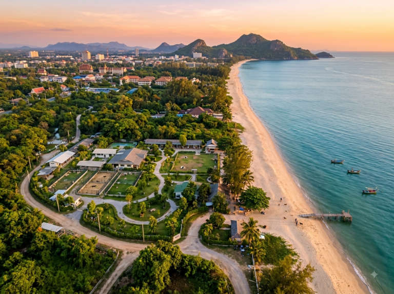 Aerial view of Rescue Paws, Hua Hin, Thailand, at golden hour