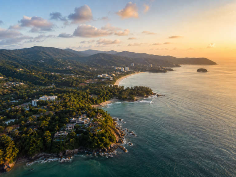 Aerial view of Soi Dog Foundation, Phuket, Thailand, at golden hour