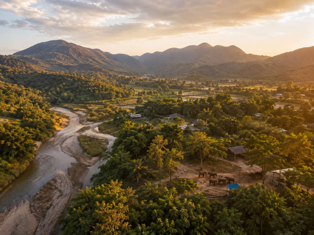Aerial view of Burm and Emily’s Elephant Sanctuary (BEES), Chiang Mai, Thailand, at golden hour