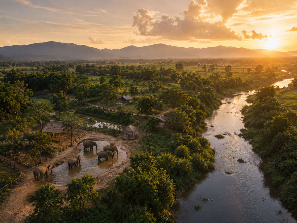 Aerial view of Boon Lott’s Elephant Sanctuary (BLES), Sukhothai, Thailand, at golden hour