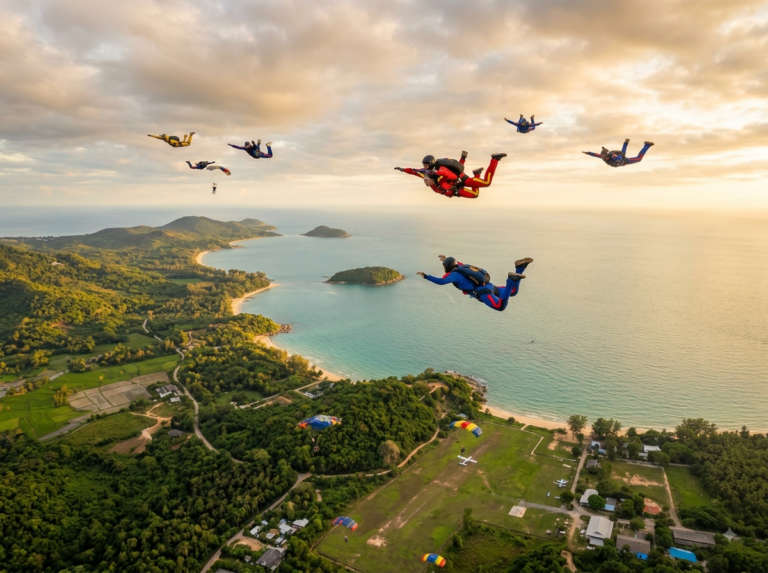 Travellers exploring the area, Tandem Skydiving in Thailand.