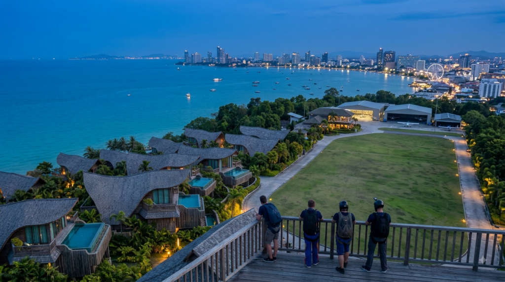 The waterfront and skyline at blue hour.
